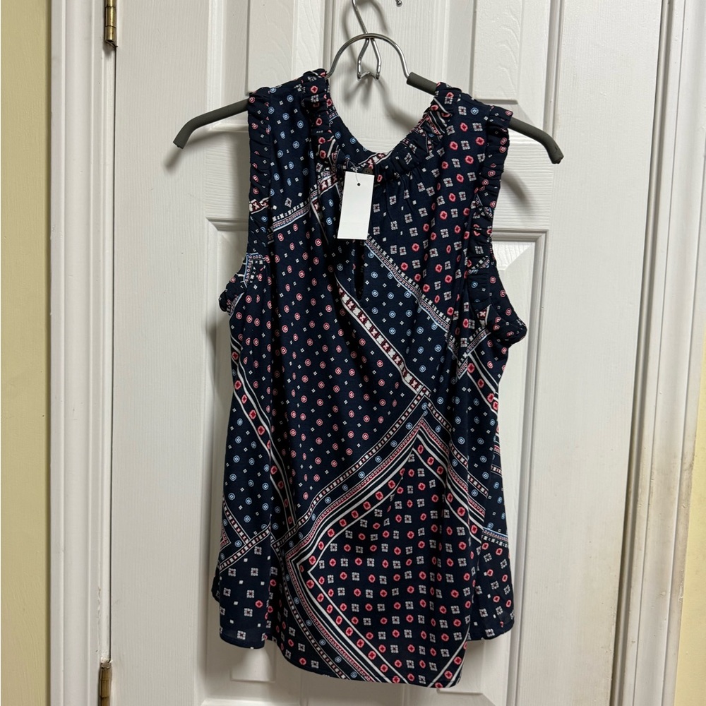 LOFT navy blue geometric sleeveless top NWT
